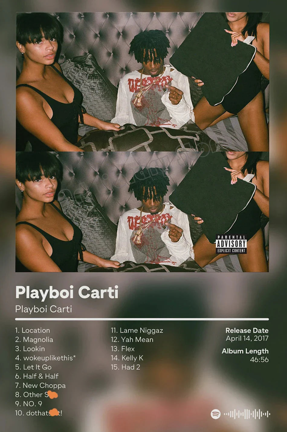 Black and white hip hop star rapper playboi carti album cover poster featuring central figure in graphic tee with women holding pillows