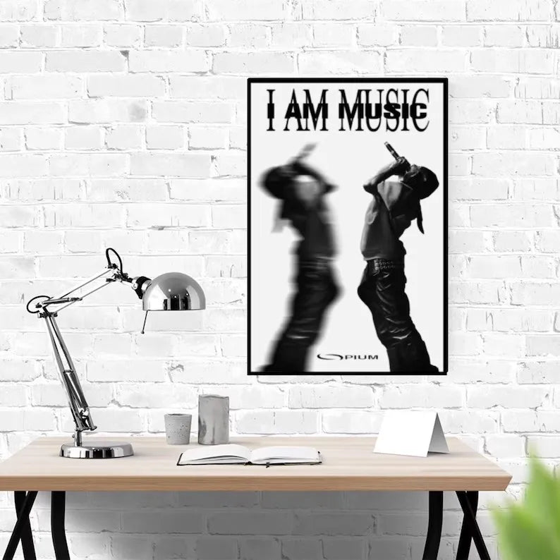 Black and white framed hip hop star album cover poster featuring rapper playboi carti silhouettes i am music text
