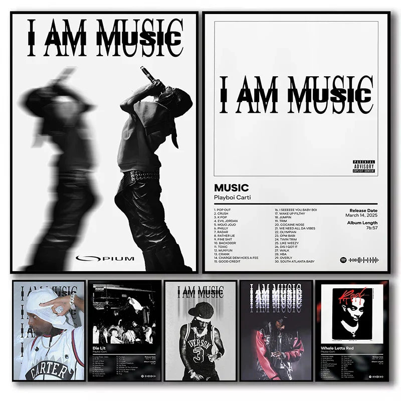 Black and white hip hop star rapper playboi carti album cover poster set with bold typography for wall decor