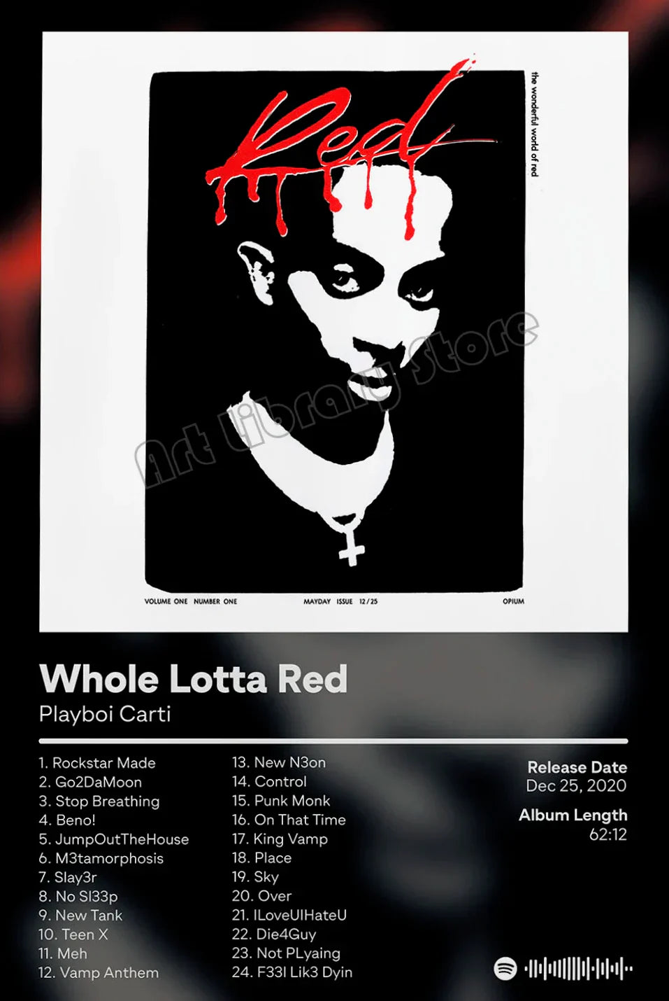 Black and white stylized portrait of rapper playboi carti with red text silver chain hip hop star album cover poster canvas