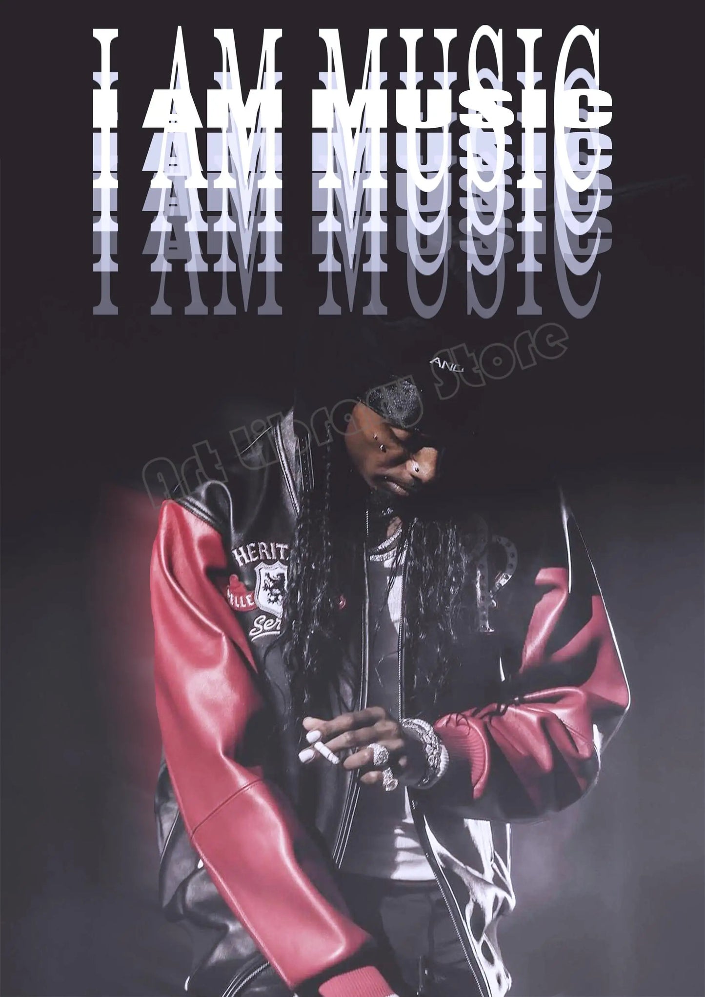 Red and black leather bomber jacket with embroidered patches featured on hip hop star rapper playboi carti album cover poster
