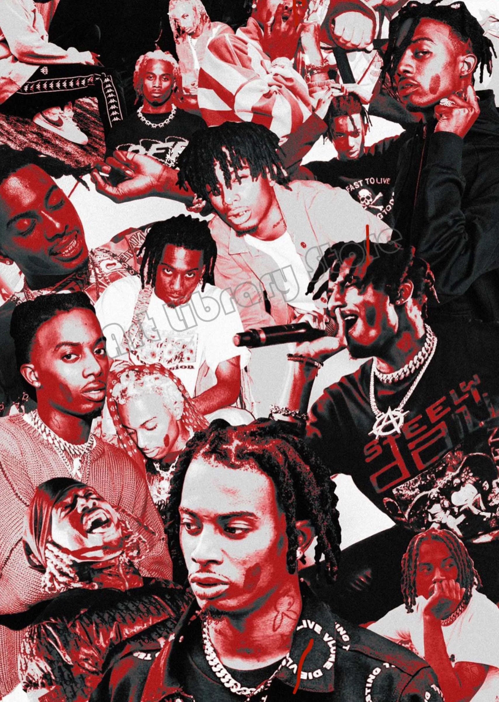 A vibrant red and black hip hop star album cover poster featuring rapper playboi carti in multiple poses for wall decor