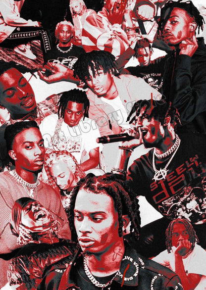 A vibrant red and black hip hop star album cover poster featuring rapper playboi carti in multiple poses for wall decor
