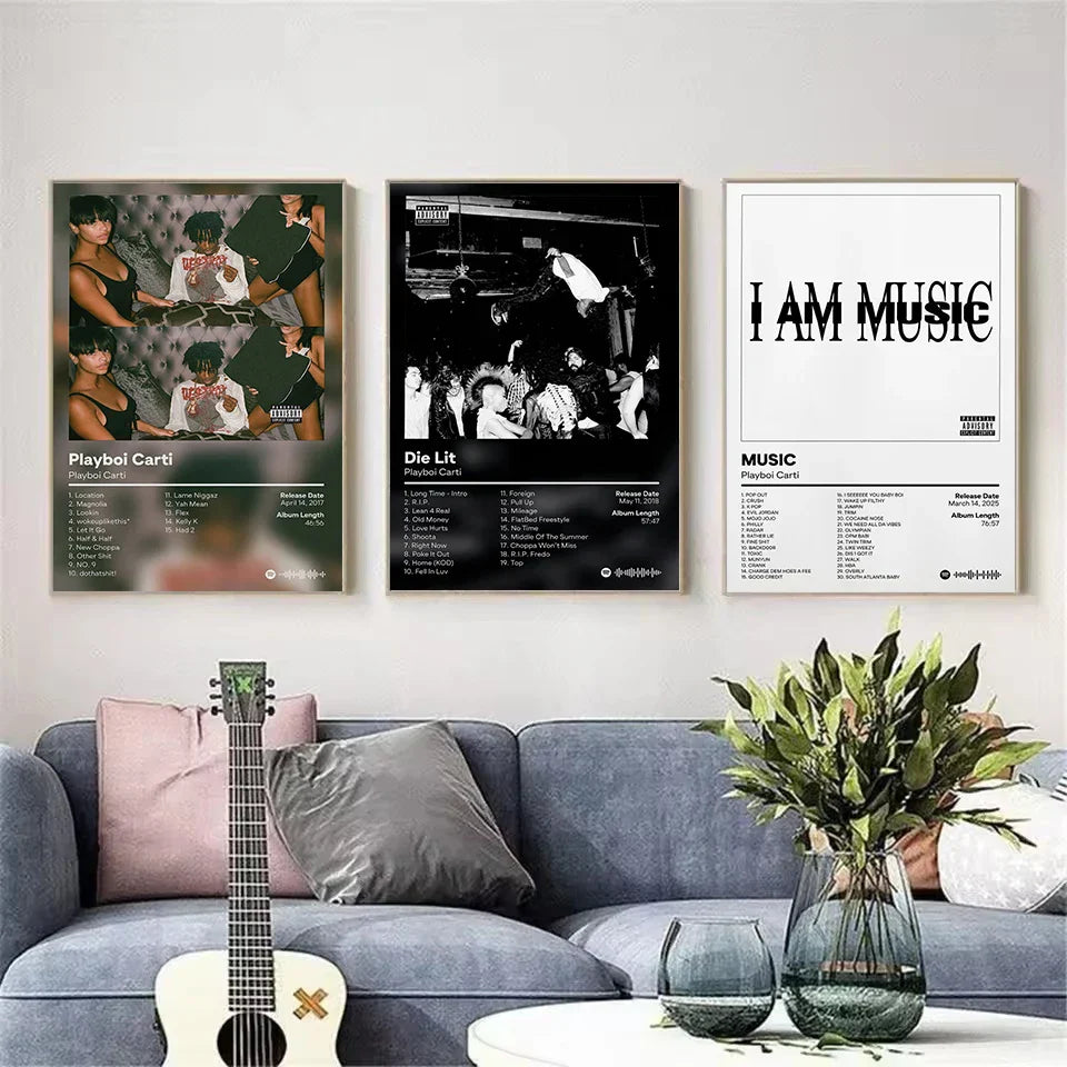 White acoustic guitar with black fretboard and green rosette featured in hip hop star rapper playboi carti album cover poster