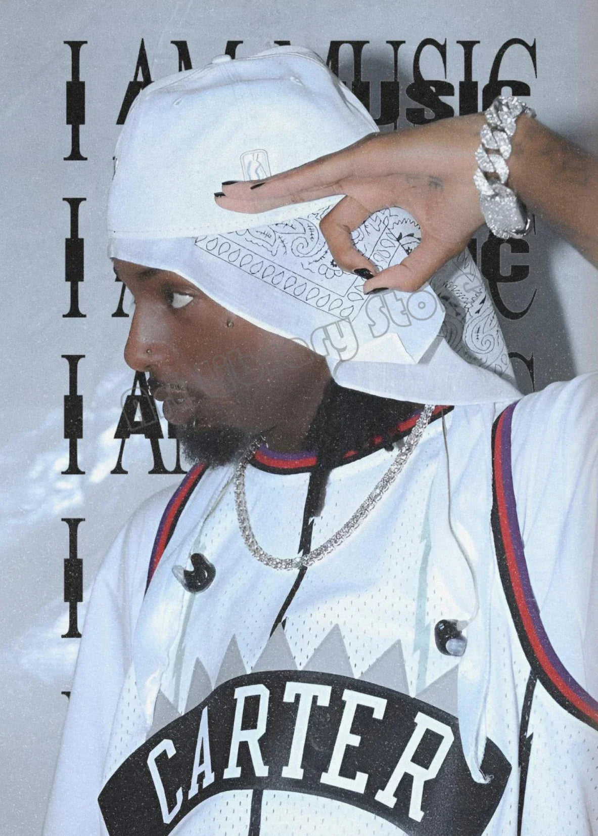 White baseball cap with small logo and patterned bandana underneath featured in rapper playboi carti album cover poster