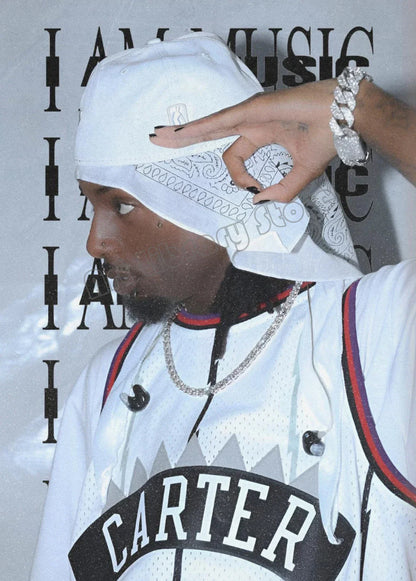 White baseball cap with small logo and patterned bandana underneath featured in rapper playboi carti album cover poster