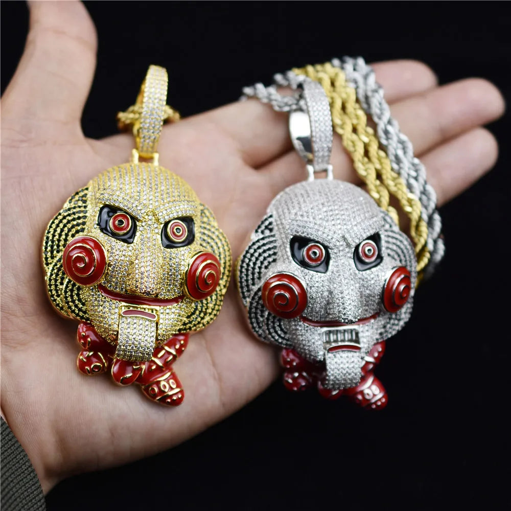 Gold and silver diamond-encrusted bling chain clown pendants with red spiral cheeks and black eyes for hip hop statement jewelry