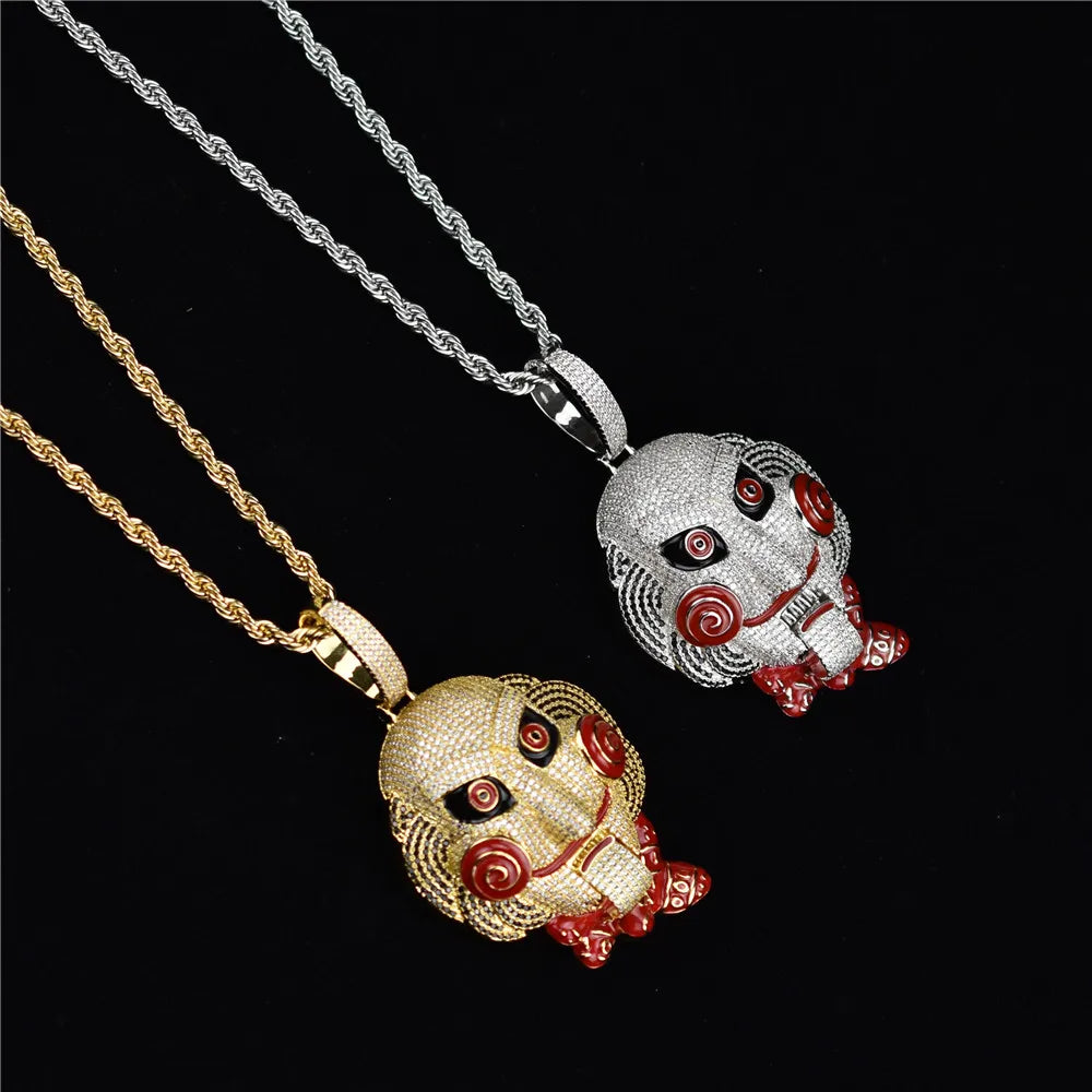 Gold and silver ice-encrusted jigsaw face pendants on hip hop statement bling chain clown billy chain necklace jewelry