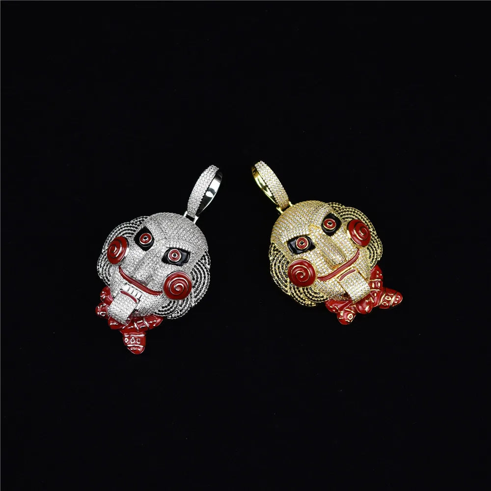 Silver and gold hip hop statement bling chain clown face pendants with red eyes on billy chain necklace