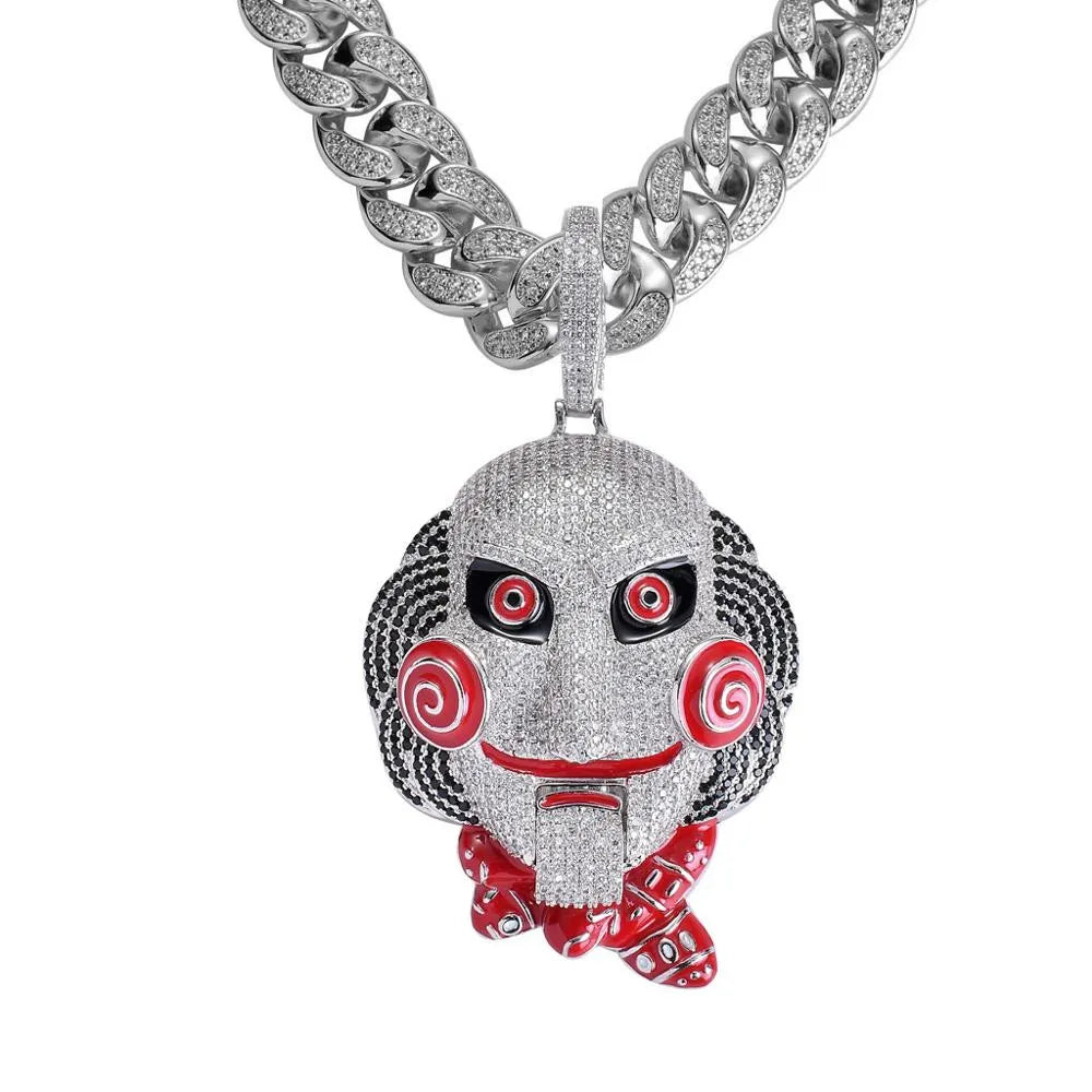 Silver and red diamond-encrusted pizzicato mask pendant on a matching hip hop statement bling chain clown billy chain necklace