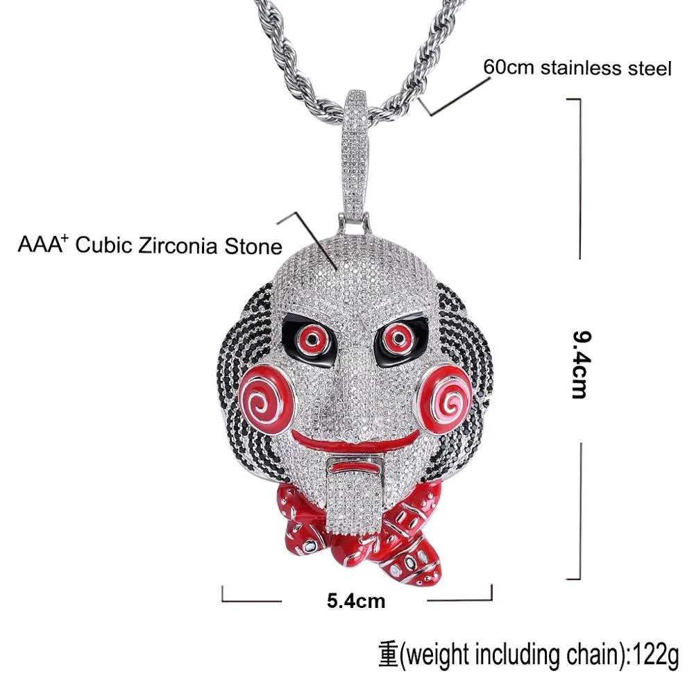 Silver and red jigsaw face pendant necklace with aaa cubic zirconia stones hip hop statement billy chain necklace