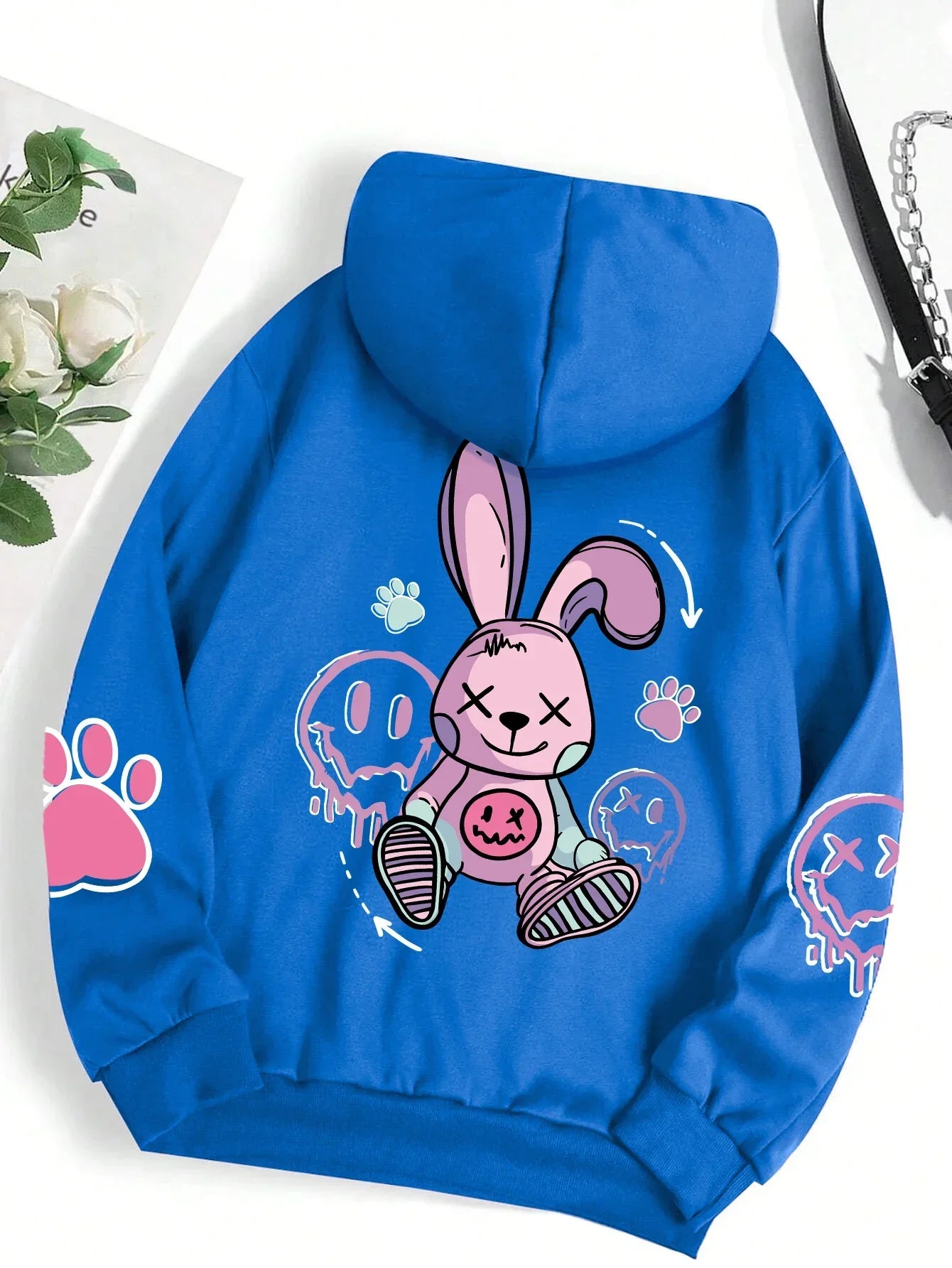 Blue hoodie female hoodies fashion with pink cartoon bunny and graffiti design oversize sweatshirt autumn warm fleece