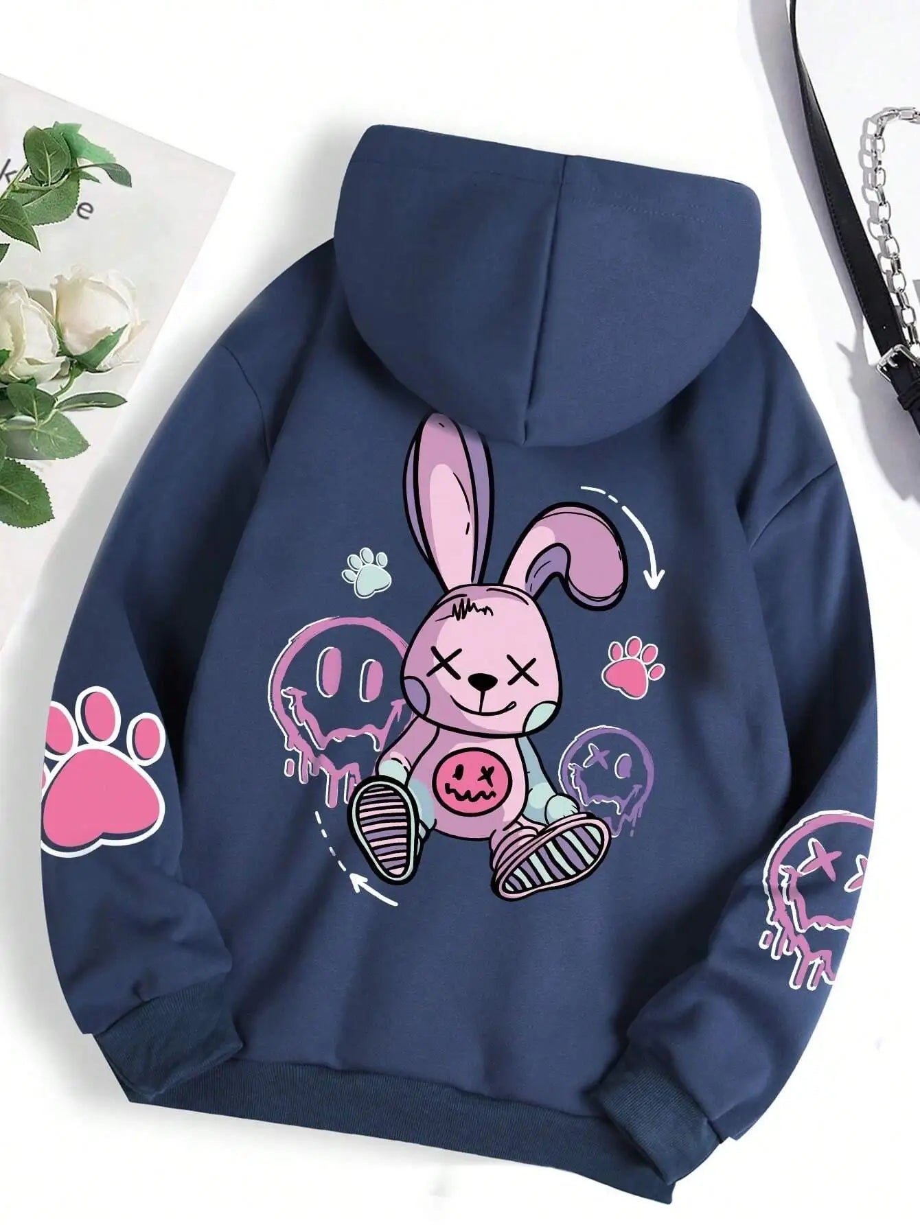 Navy blue female hoodies fashion with cartoon pink bunny and paw print accents fashion hoodie oversize warm fleece sweatshirt autumn