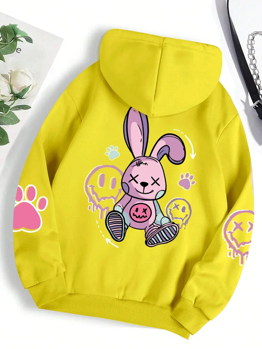 Bright yellow female hoodies fashion featuring a pink cartoon bunny print with paw prints in oversized warm fleece design