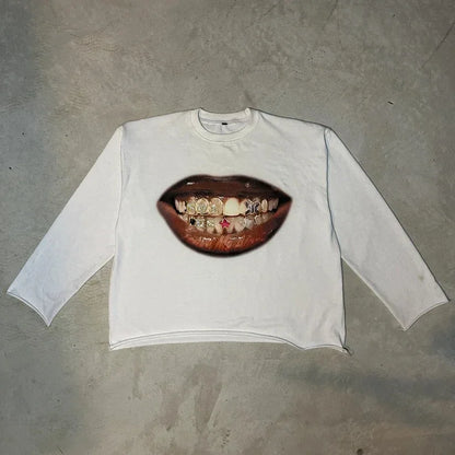 White long-sleeved sweatshirt with graphic lips featuring gold and silver grillz for male harajuku retro style
