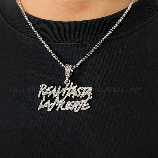 Silver realhasta lamuerte letter bling pendant necklace with bold glittering letters and 4mm bling chain iced out design
