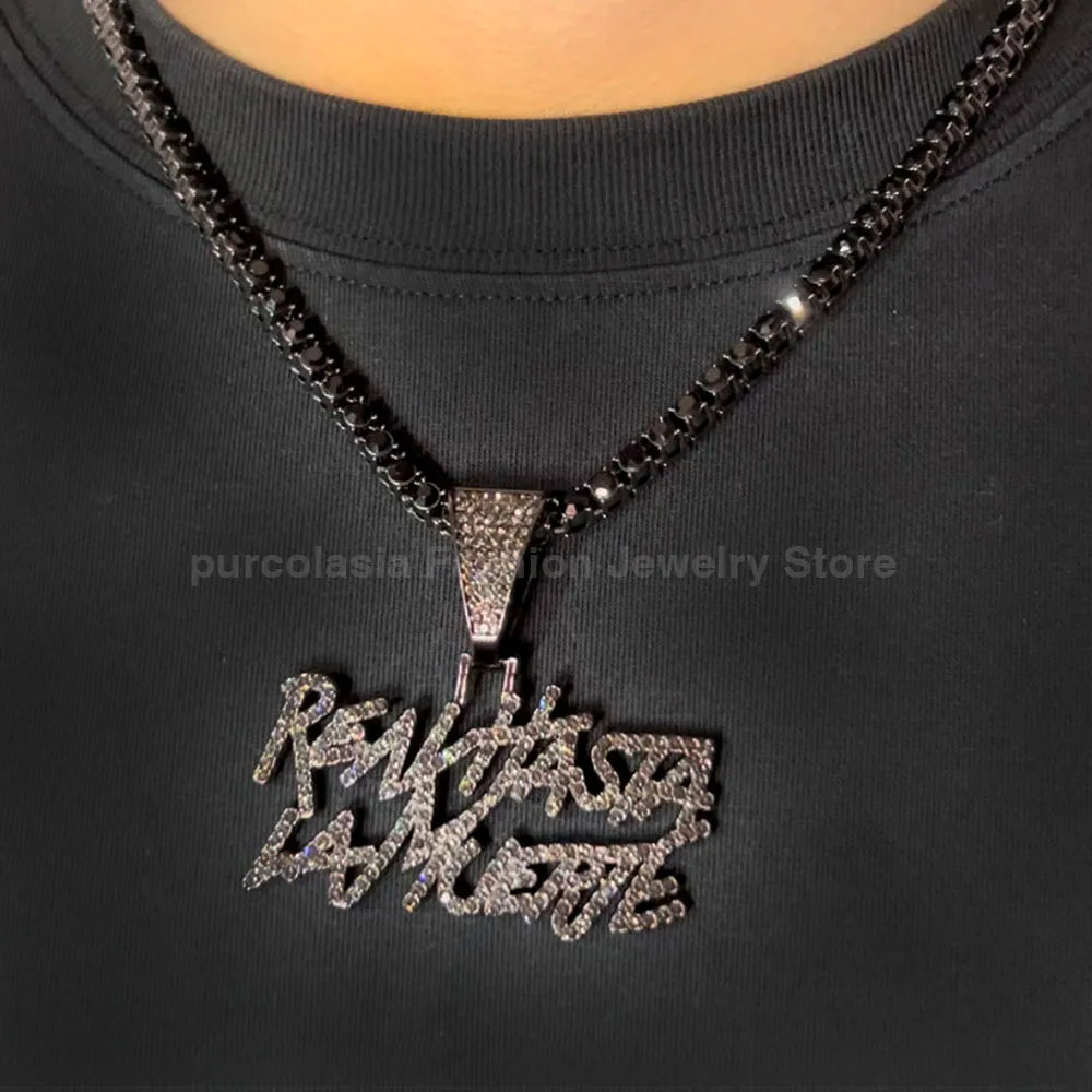 Black realhasta lamuerte letter bling pendant necklace with diamond-encrusted renaissance pendant and bling chain iced