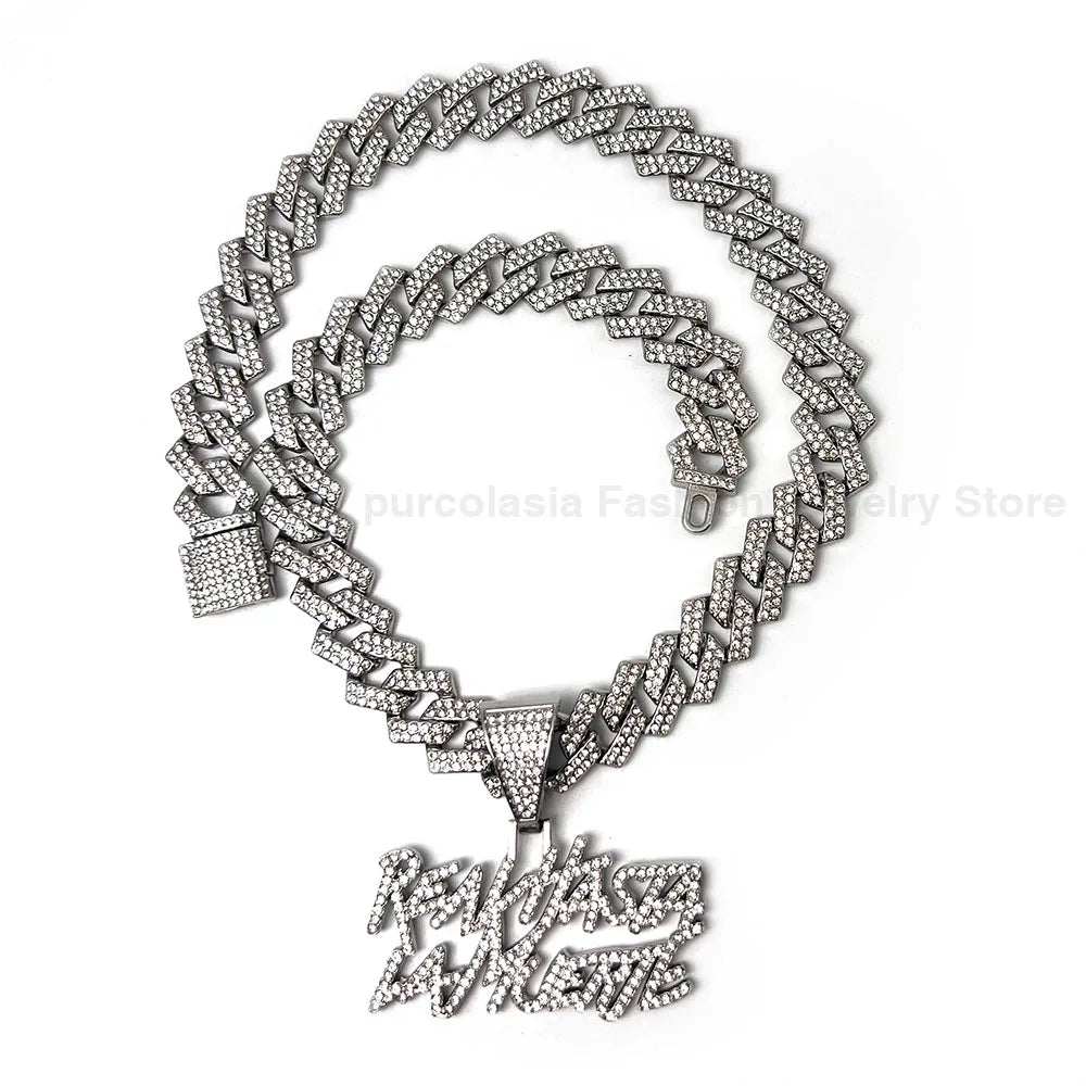 Silver chain necklace with bold diamond-encrusted panda pendant and matching clasp realhasta lamuerte letter bling pendant bling chain iced