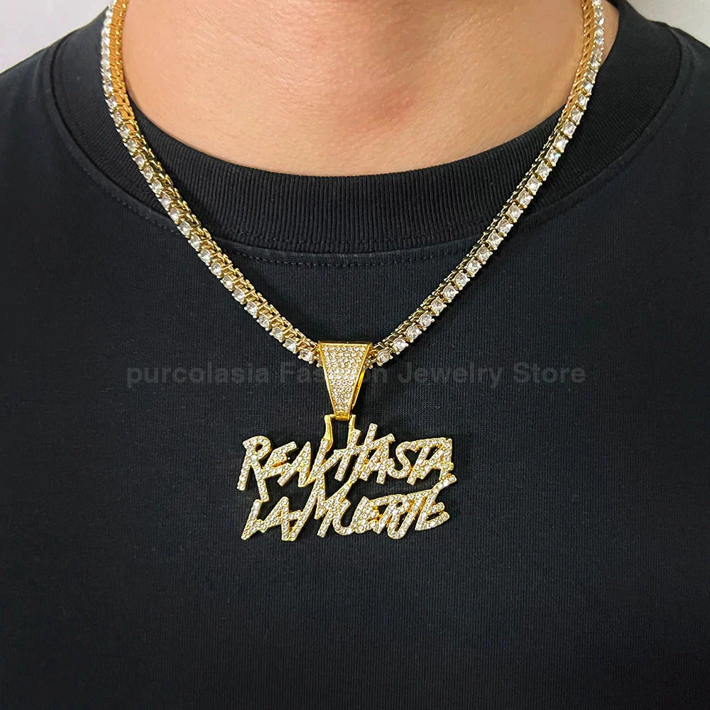 Gold-colored hip hop street style letter bling pendant necklace with realhasta lamuerte letter and bling chain iced features