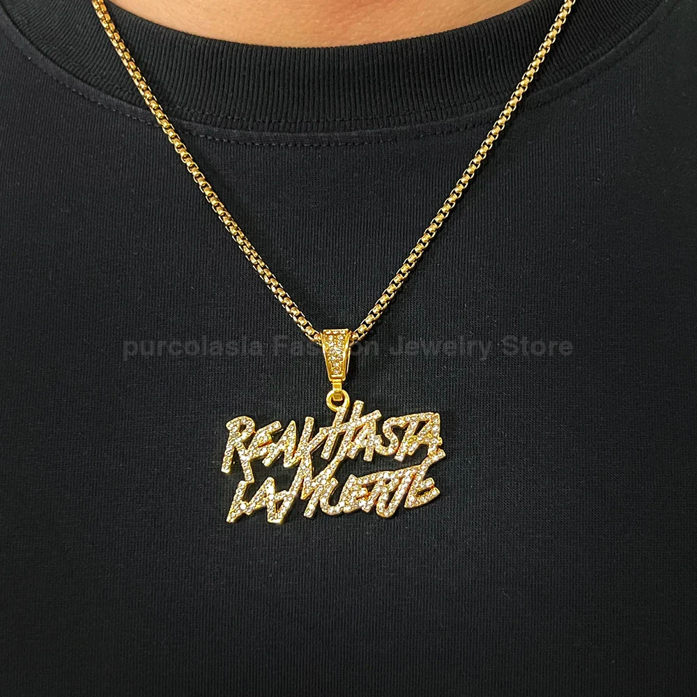 Gold realhasta lamuerte letter bling pendant necklace with cubic zirconia stones and 4mm iced out bling chain
