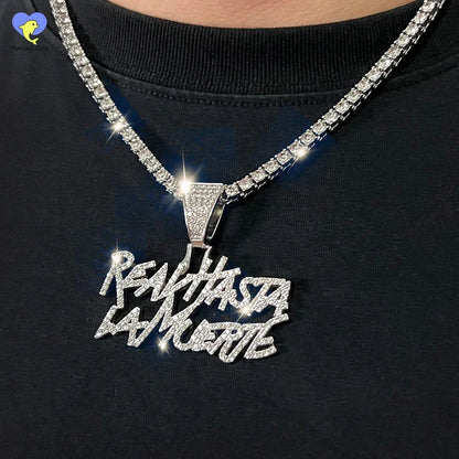 Silver hip hop street style realhasta lamuerte letter bling pendant necklace with diamond encrusted icy bling chain iced out
