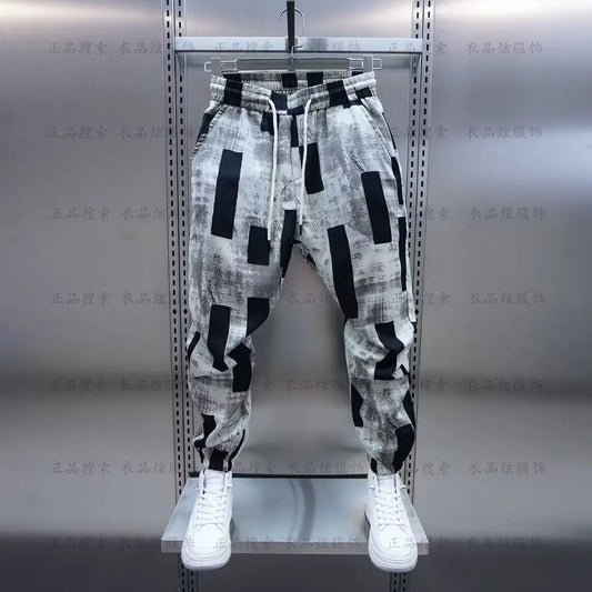 Black and gray geometric-patterned hip-hop street wide-leg jogging sweatpant luxury with elastic waistband and drawstring for men clothing streetwear casual pants