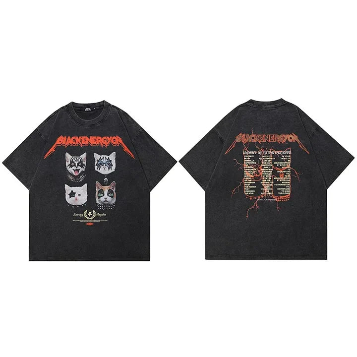 Black oversized cotton t-shirt featuring distressed masked cat graphic inspired by kiss and concert tour print on back