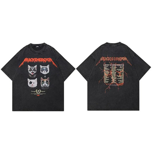 Black oversized cotton t-shirt featuring distressed masked cat graphic inspired by kiss and concert tour print on back