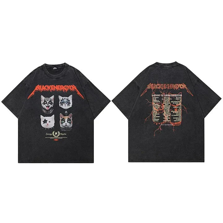 Black oversized cotton unisex t-shirt featuring graphic masked cats in hip hop streetwear style with blackenergy text