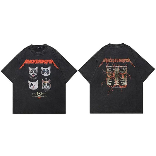 Black oversized cotton unisex t-shirt featuring graphic masked cats in hip hop streetwear style with blackenergy text