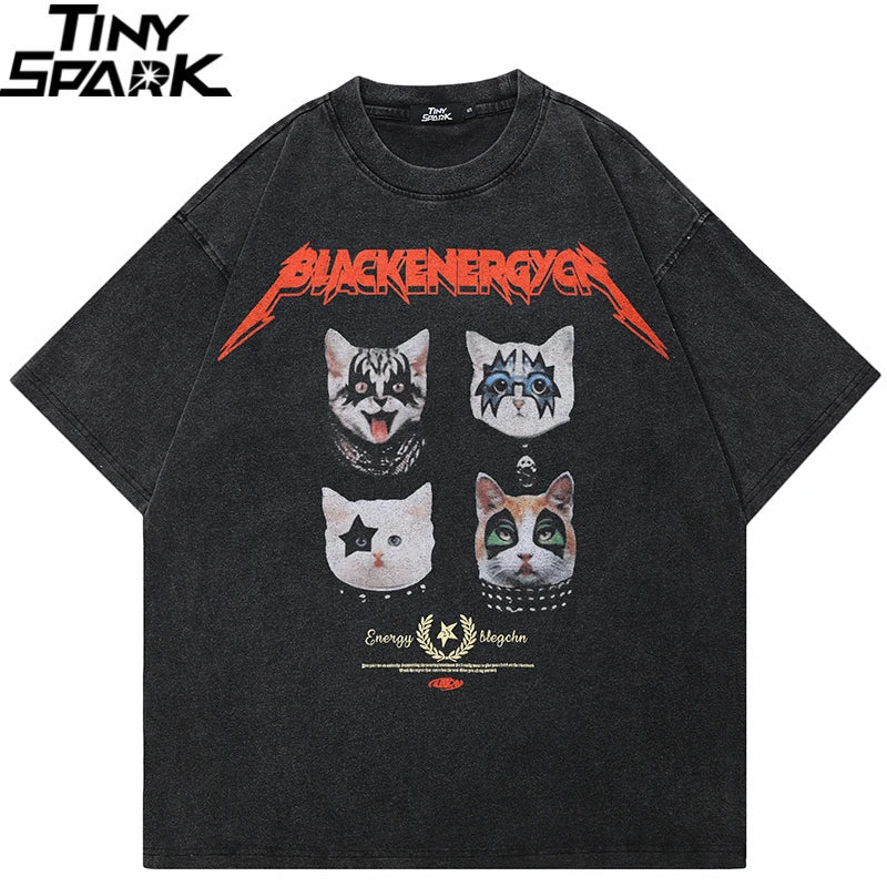 Black oversized cotton t shirt with distressed texture featuring bold red blackenergy graphic and stylized rock star cats