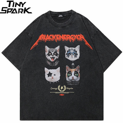 Black oversized cotton t shirt with distressed texture featuring bold red blackenergy graphic and stylized rock star cats