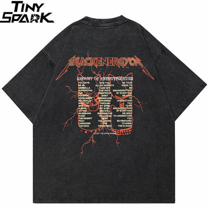 Black oversized cotton t shirt with distressed look and orange red blackenergy graphic lyrics for hip hop streetwear
