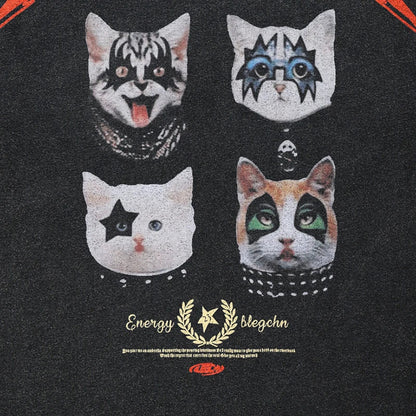 Black oversized cotton t-shirt with four cartoon cats dressed as rock band members in face paint and collars
