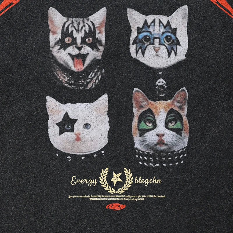 Black cotton oversized funny graphic hip hop streetwear t shirt featuring graphic masked cats with rock makeup designs