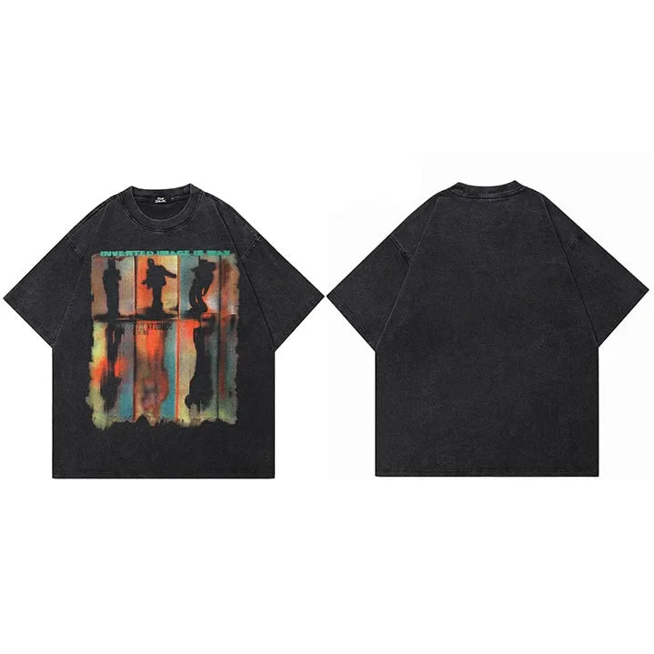 Black oversized cotton hip hop streetwear t-shirt with vibrant abstract graphic print and silhouetted figures