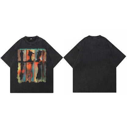 Black oversized cotton hip hop streetwear t-shirt with vibrant abstract graphic print and silhouetted figures