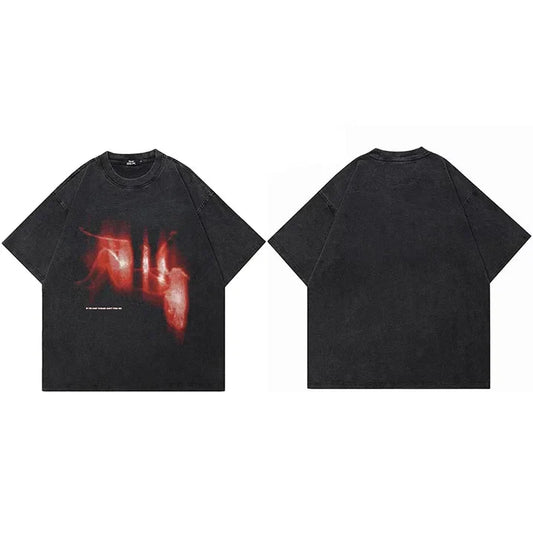 Black oversized cotton t-shirt featuring bold red shadow vintage graphic for hip hop streetwear and oversized lost shadow style