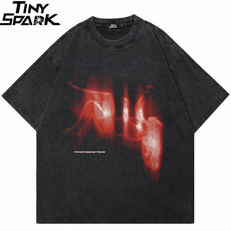 Black cotton hip hop streetwear oversized lost shadow vintage graphic t shirt with faded red print and text at bottom