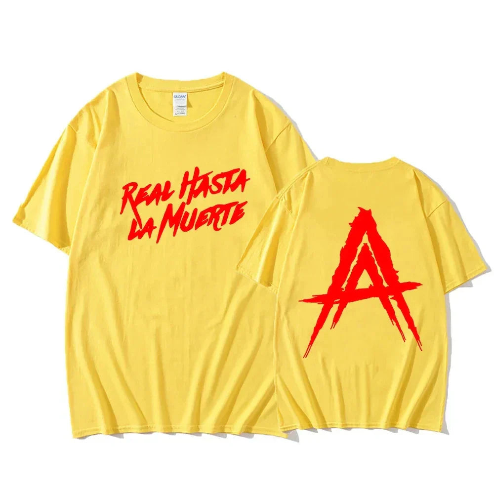 Yellow short-sleeved cotton t-shirt with bold red real hasta la muerte text front and stylized a logo back hip hop streetwear anuel