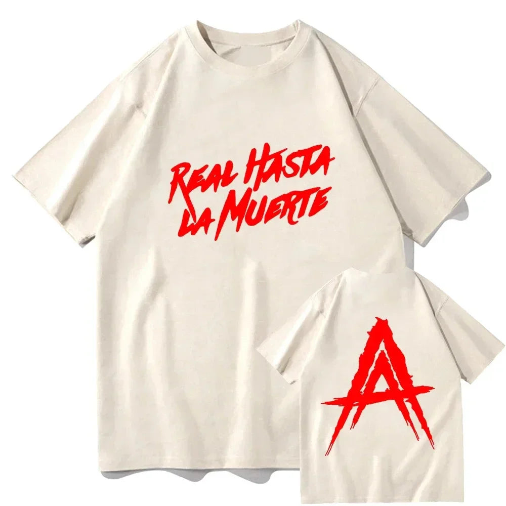 Cream-colored cotton hip hop streetwear t shirt with bold red real hasta la muerte text and anuel aa real logo on back