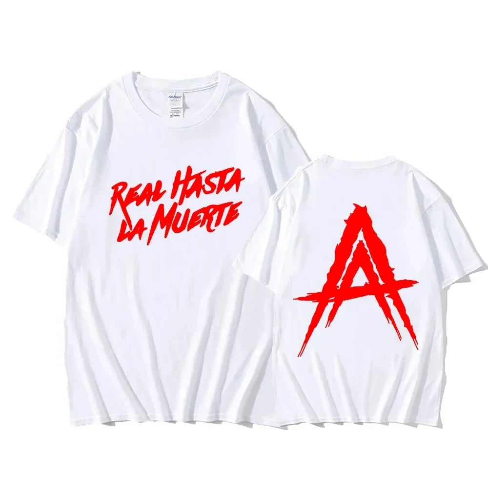 White cotton hip hop streetwear t-shirt featuring bold red real hasta la muerte text and stylized red a logo for anuel aa real