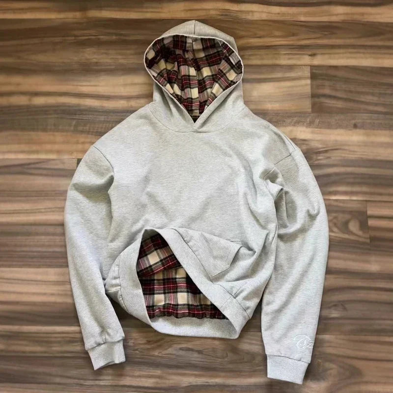 Light gray plaid cardigan hooded sweatshirt jacket american style with red beige dark brown lining unisex jacket emo