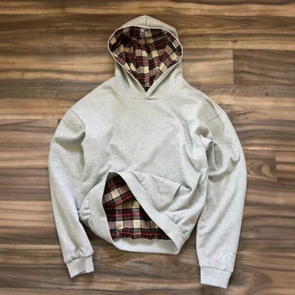 Light gray plaid cardigan hooded sweatshirt jacket american style with red beige dark brown lining unisex jacket emo