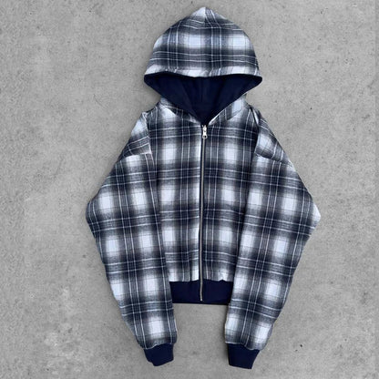 Black and white plaid cardigan hooded sweatshirt jacket american style with navy lining and cuffs unisex jacket emo