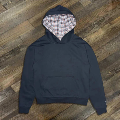 Dark navy unisex jacket emo with plaid cardigan hooded lining and ribbed cuffs sweatshirt jacket american style