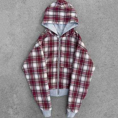 Red and white plaid cardigan hooded sweatshirt jacket american with gray fleece lining unisex jacket emo style