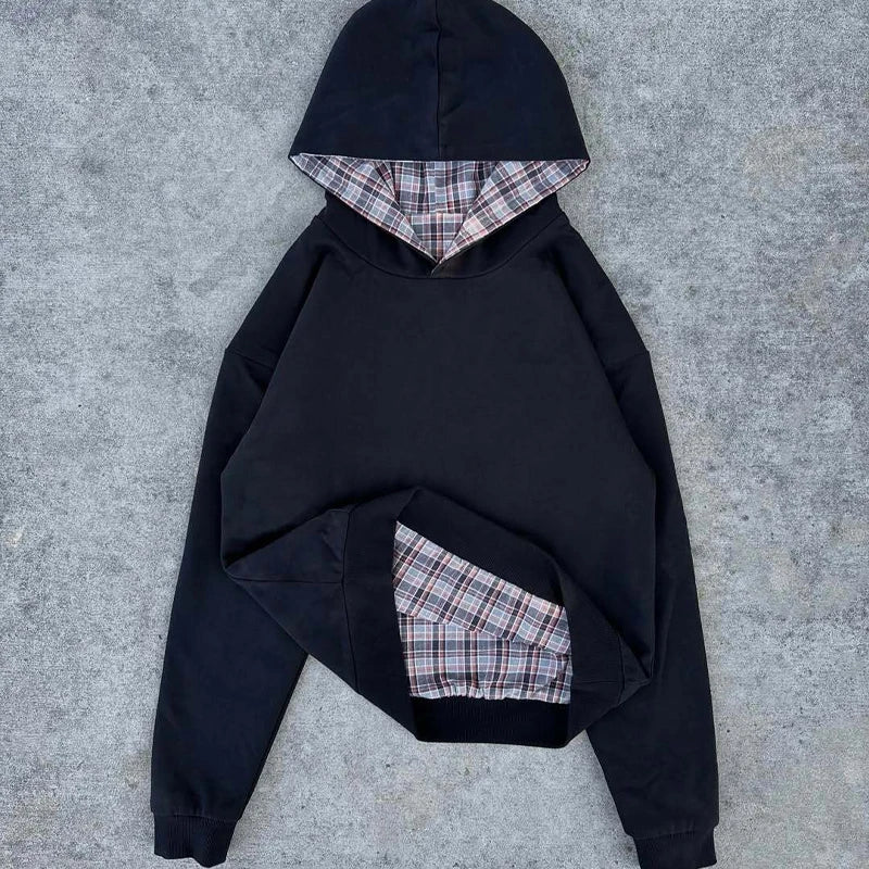 Black hooded sweatshirt jacket american with gray white black plaid cardigan hooded lining unisex jacket emo design