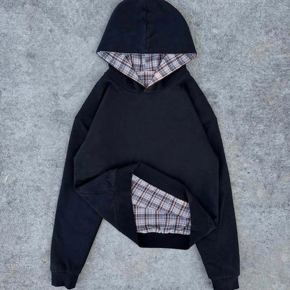 Black hooded sweatshirt jacket american with gray white black plaid cardigan hooded lining unisex jacket emo design