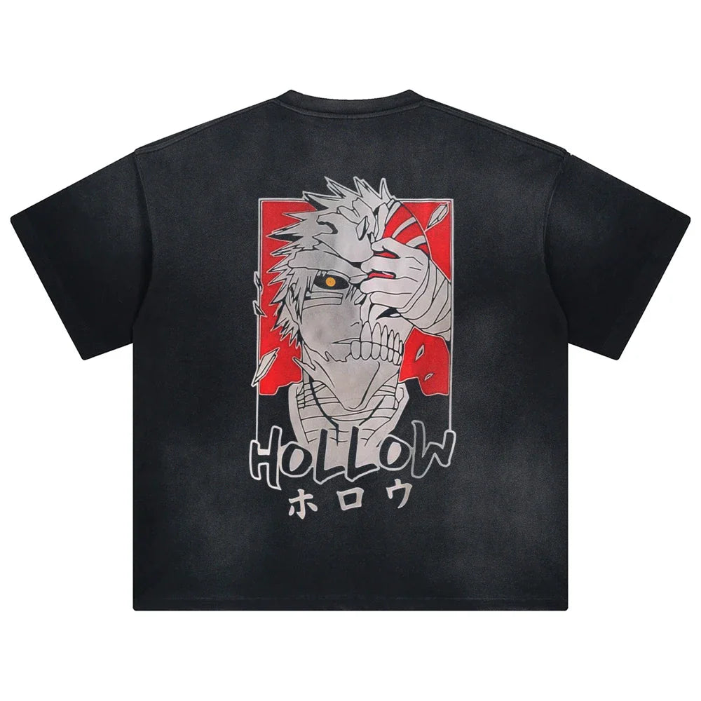 Black oversized cotton t shirt featuring hollow from bleach graphic with red and white face accents for casual wear